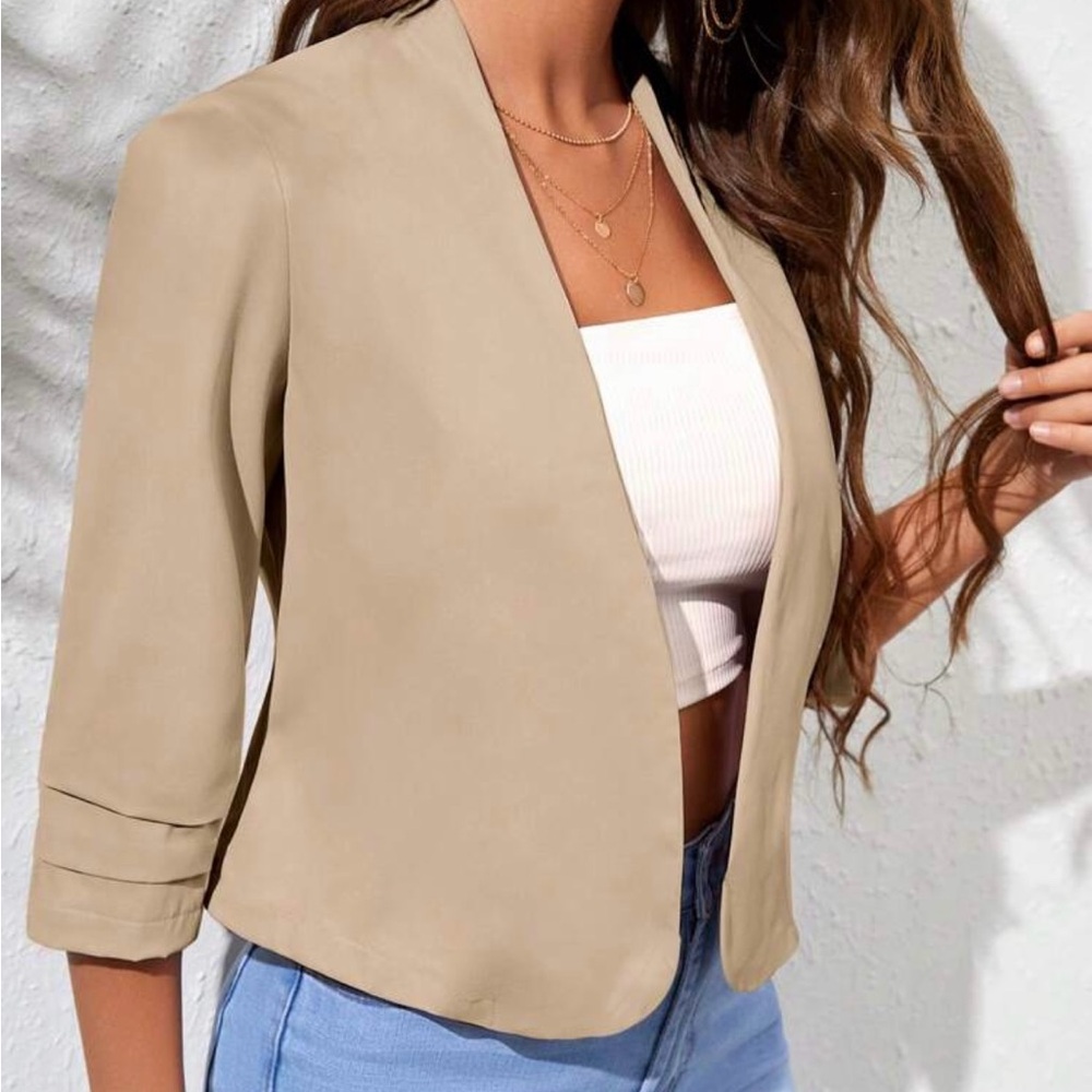 SHEIN Tan Cropped Blazer with 3/4 Sleeves